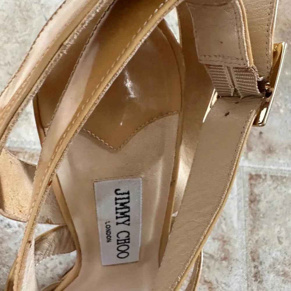 Jimmy Choo Vamp Sandal Tan Nude Patent Leather Sz. 38 1/2 Platform High heel - Picture 4 of 8